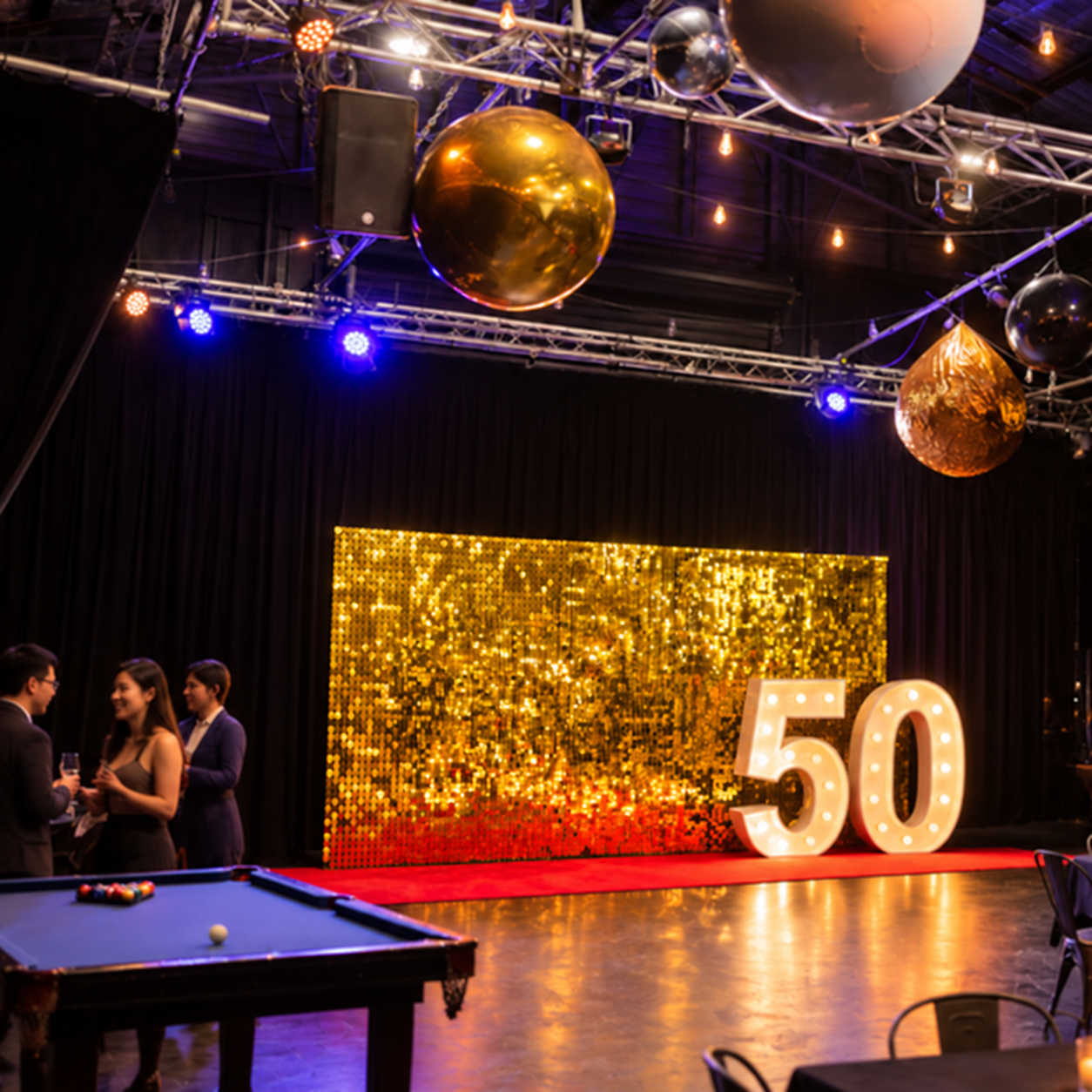 Gold Shimmer Wall + light up numbers without balloon garland