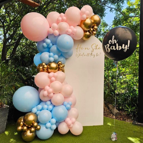 Balloon garland, arch, custom writing and gender reveal balloon