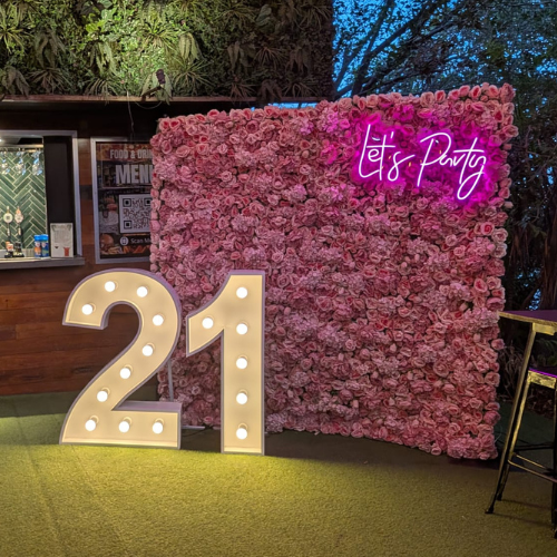 Floral wall, Let's Party neon and light up numbers