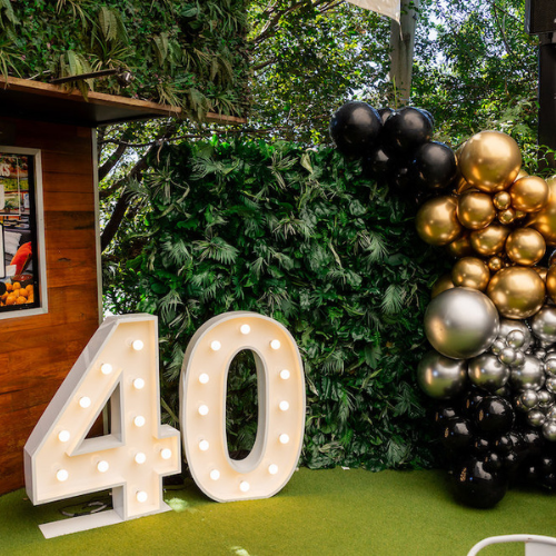 Green wall, balloon garland and light up numbers